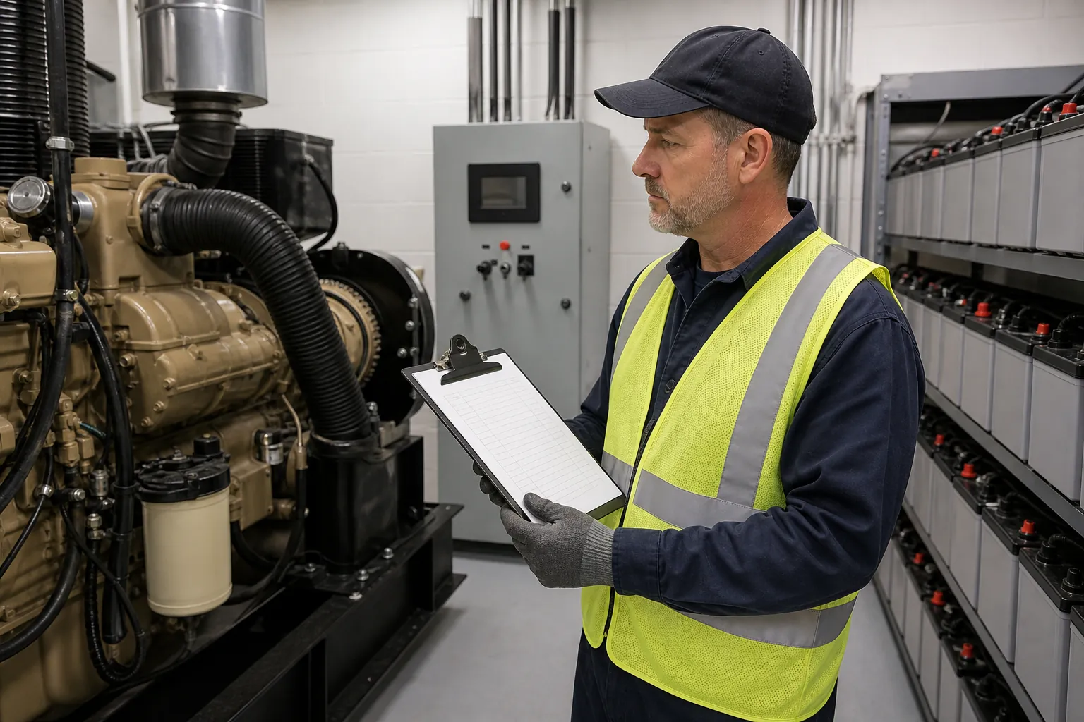 Maintenance technician inspecting a senior living facility backup generator with a clipboard