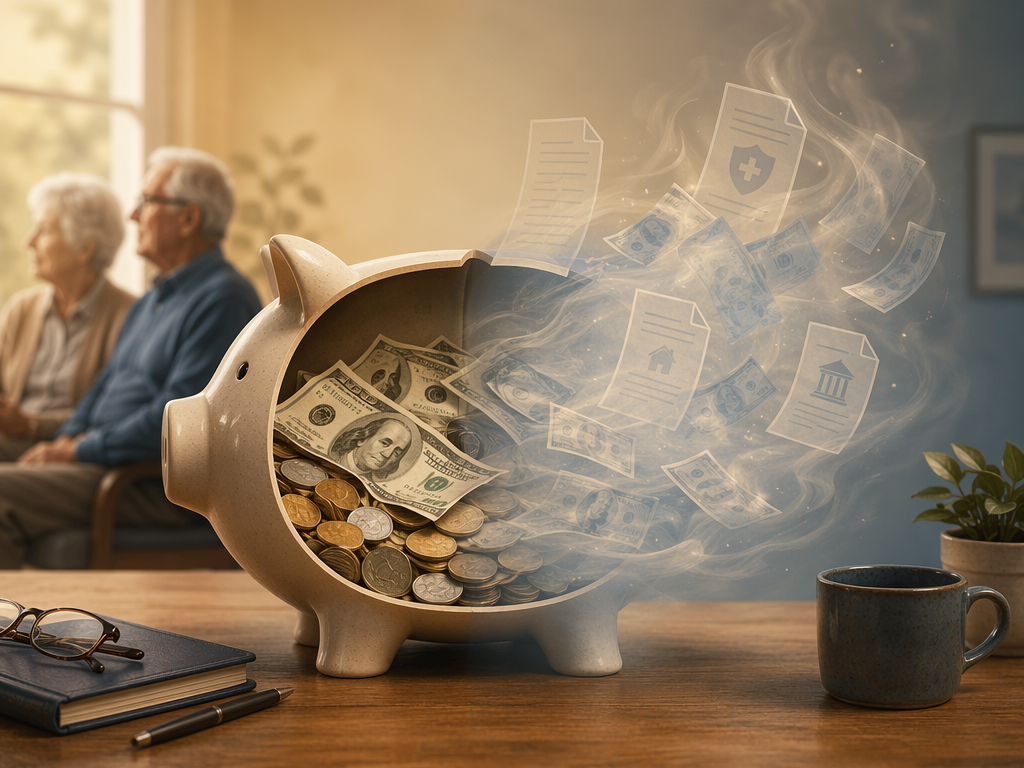 An editorial illustration of a piggy bank with coins on one side and fading money shapes drifting away on the other, representing claimed versus unclaimed benefits.