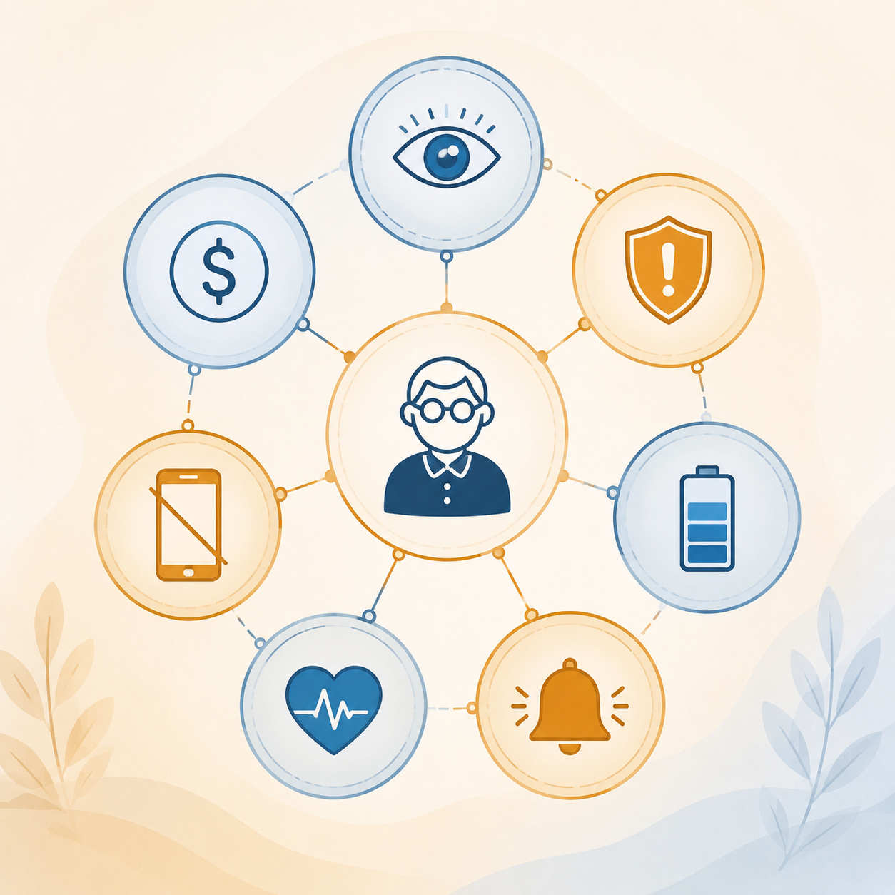 Seven-circle framework showing the main comparison areas for choosing a senior-friendly wearable.