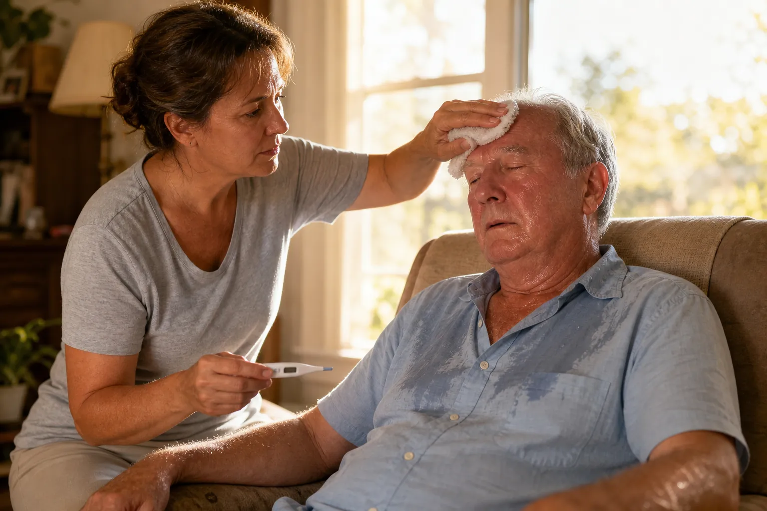 Caregiver cooling an overheated older man with a damp cloth while checking a thermometer