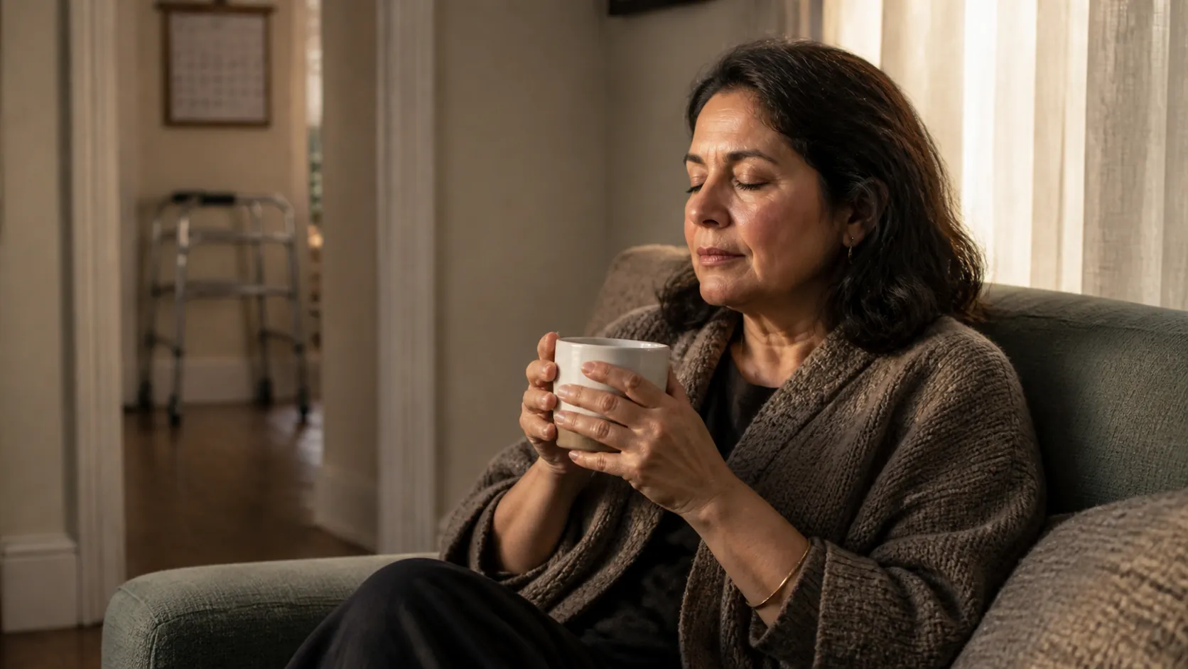 A middle-aged caregiver resting with tea in a caregiving home while a walker and calendar sit in the background