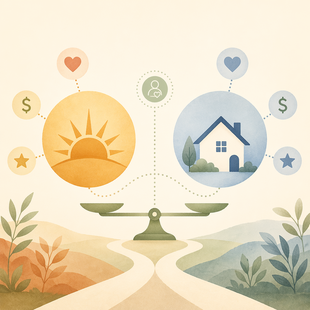 A balanced editorial illustration on a warm cream background: a golden circle with a sun motif on the left and a soft blue circle with a home icon on the right, connected by a dotted pathway. Small floating icons around both circles represent care quality, cost, and reputation.
