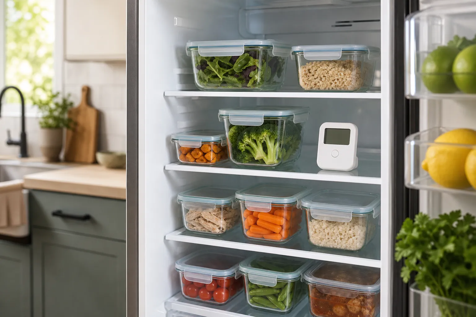 Open refrigerator with covered glass food-storage containers and a small kitchen timer on the shelf