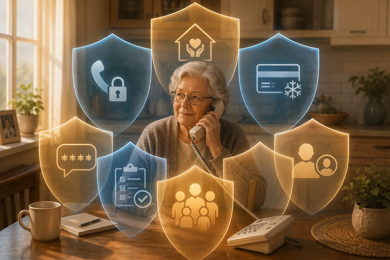 Layered protective shields around an older adult at a kitchen table holding a landline phone