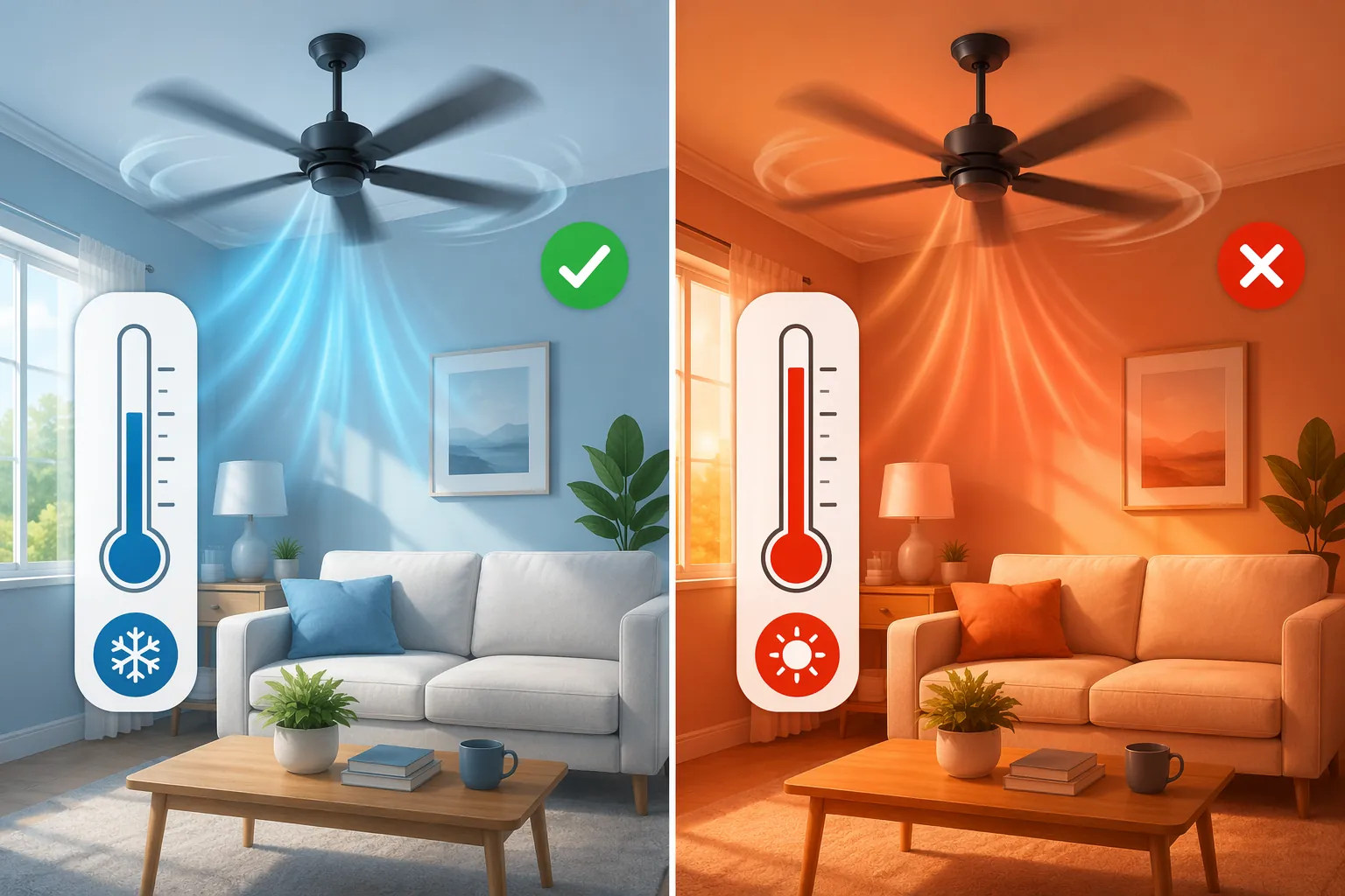 Comparison showing safe fan use at 85°F and unsafe fan use above 90°F