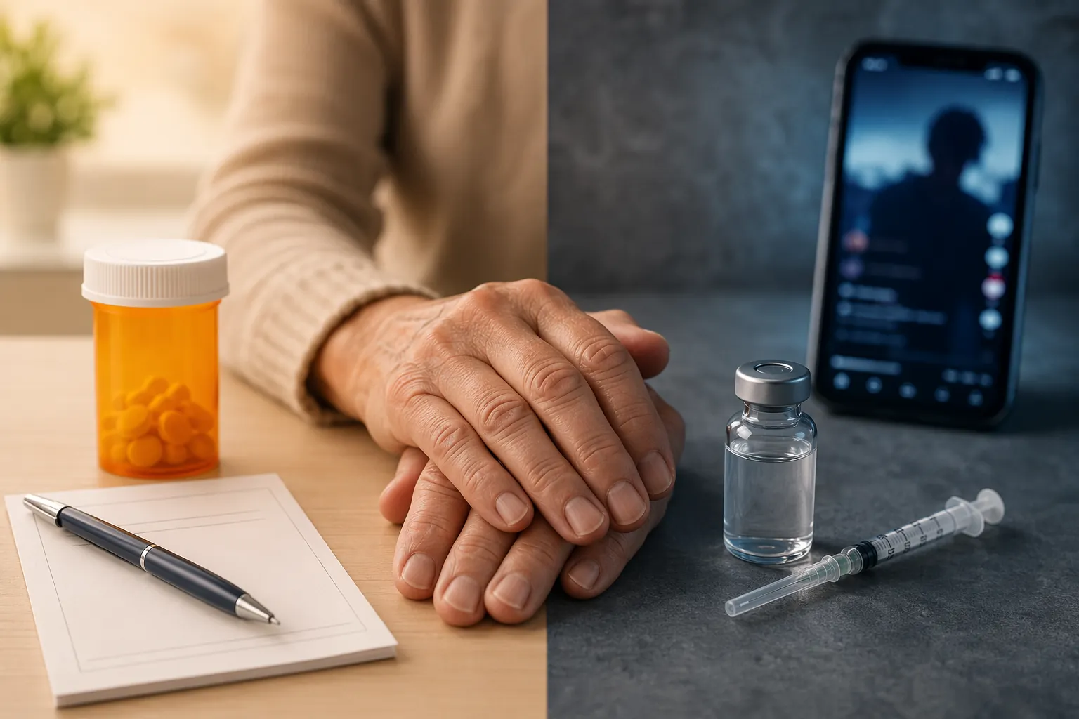 Prescription peptide treatment contrasted with an unlabeled vial promoted through a smartphone