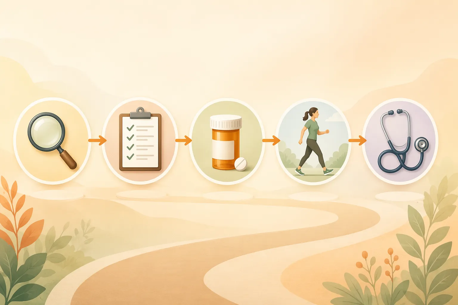 Illustrated pathway showing assessment, checklist, medication review, walking, and clinician follow-up