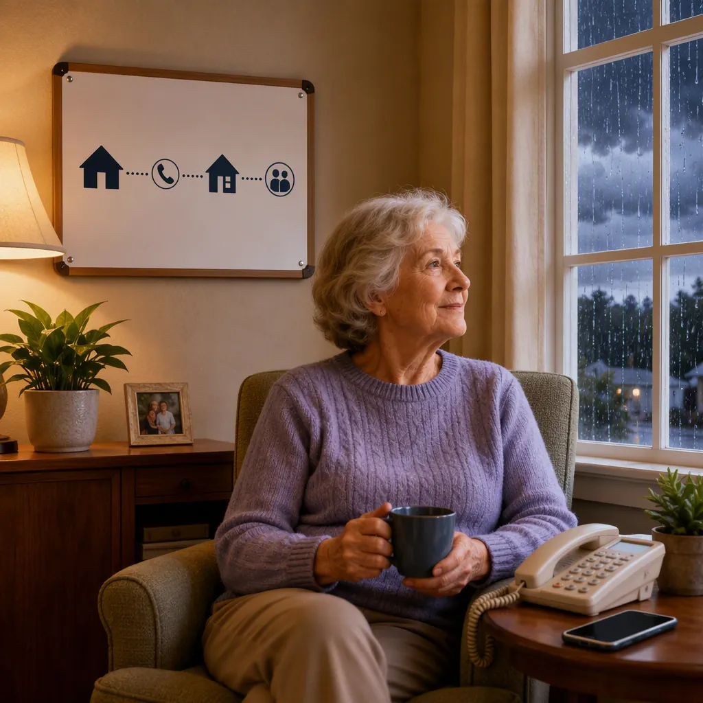 Older person near a landline and smartphone with a storm outside and a simple check-in chain note on the wall