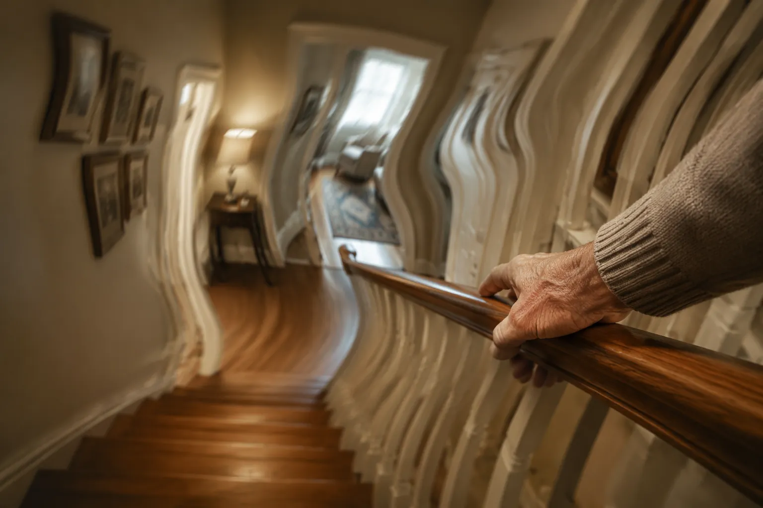 Older adult hand gripping a stair railing while the hallway appears visually distorted