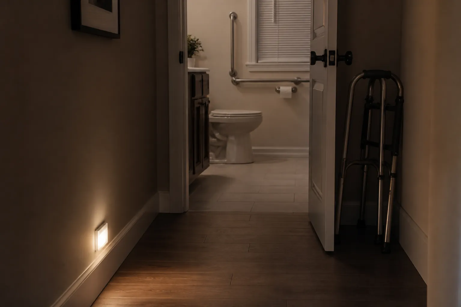 A clear nighttime hallway leading to a bathroom with a walker and a warm night light.