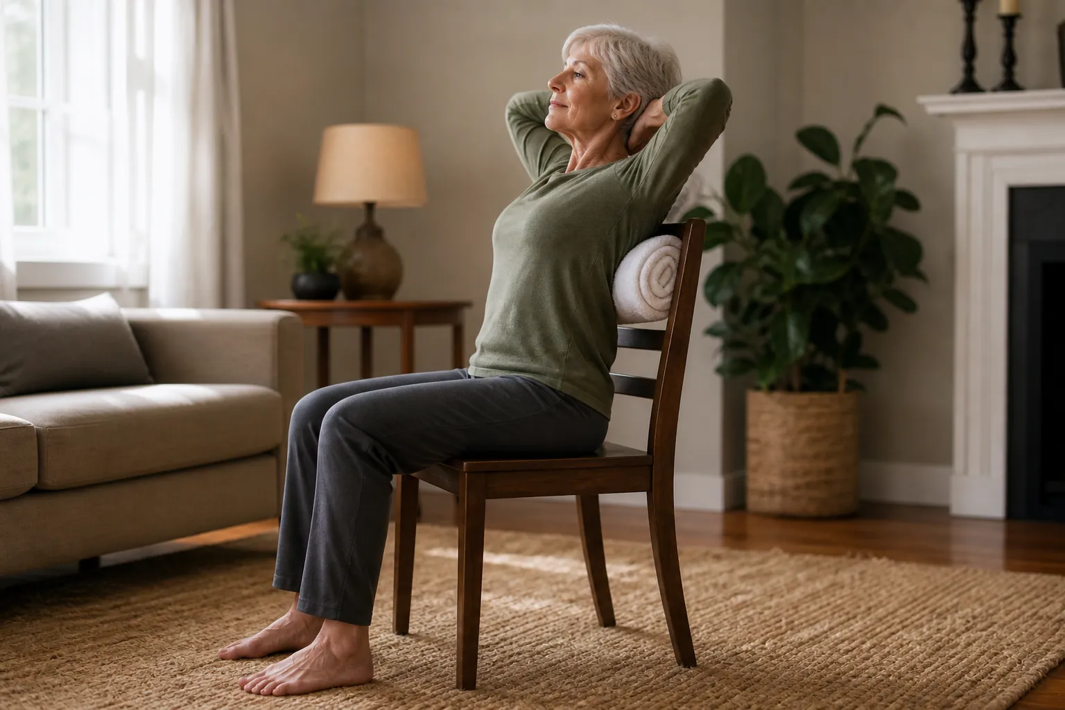 Older woman sitting on a chair and gently extending her upper back over a rolled towel