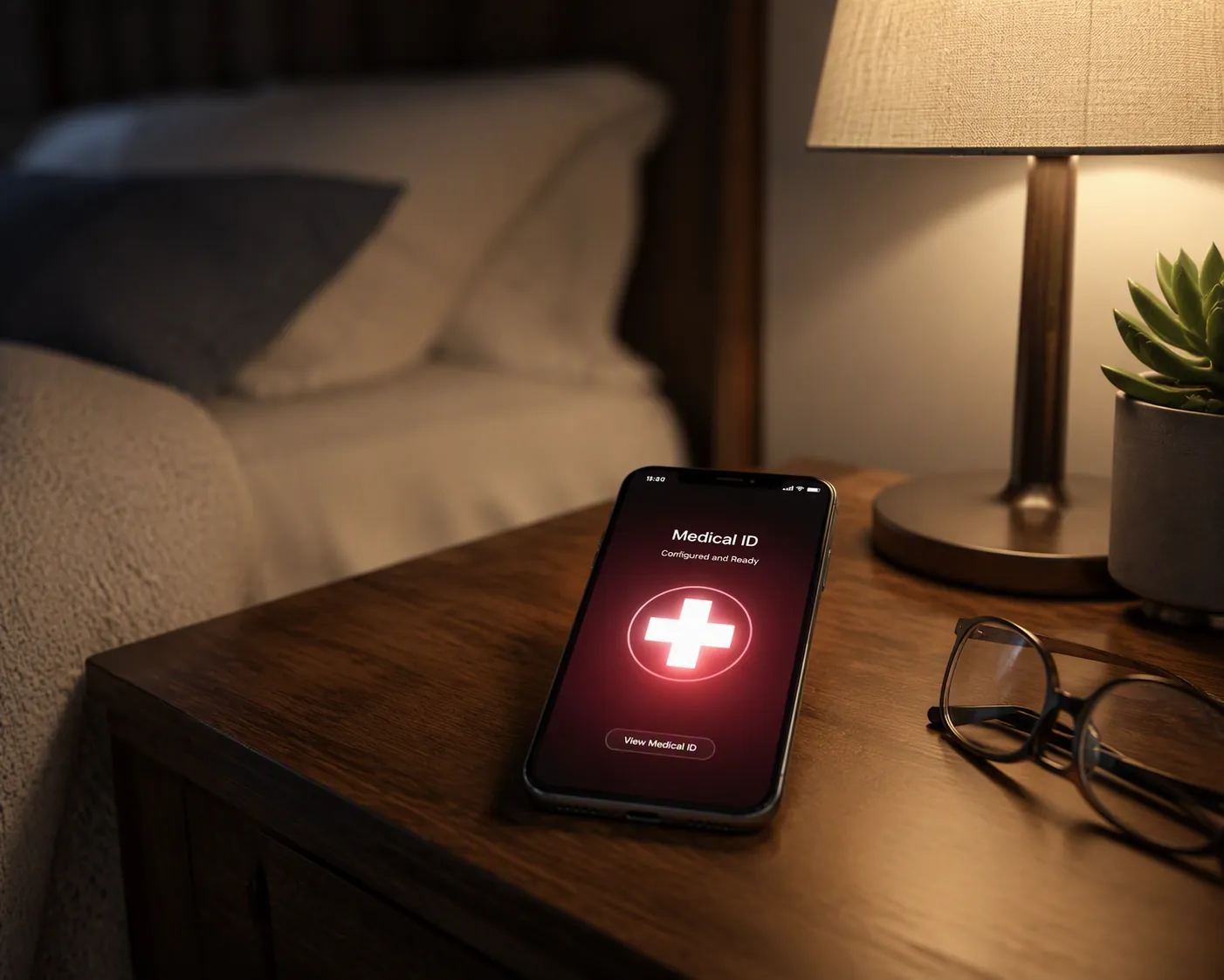 iPhone on a nightstand beside eyeglasses and a lamp, suggesting an emergency-ready device at home
