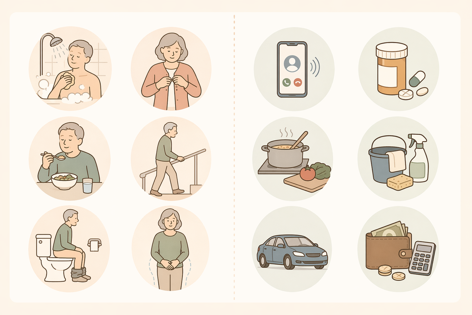 Activities of daily living and instrumental activities of daily living shown as simple care assessment icons