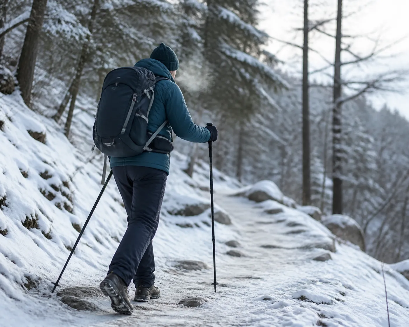 Older hiker using trekking poles on a snow-dusted icy forest trail