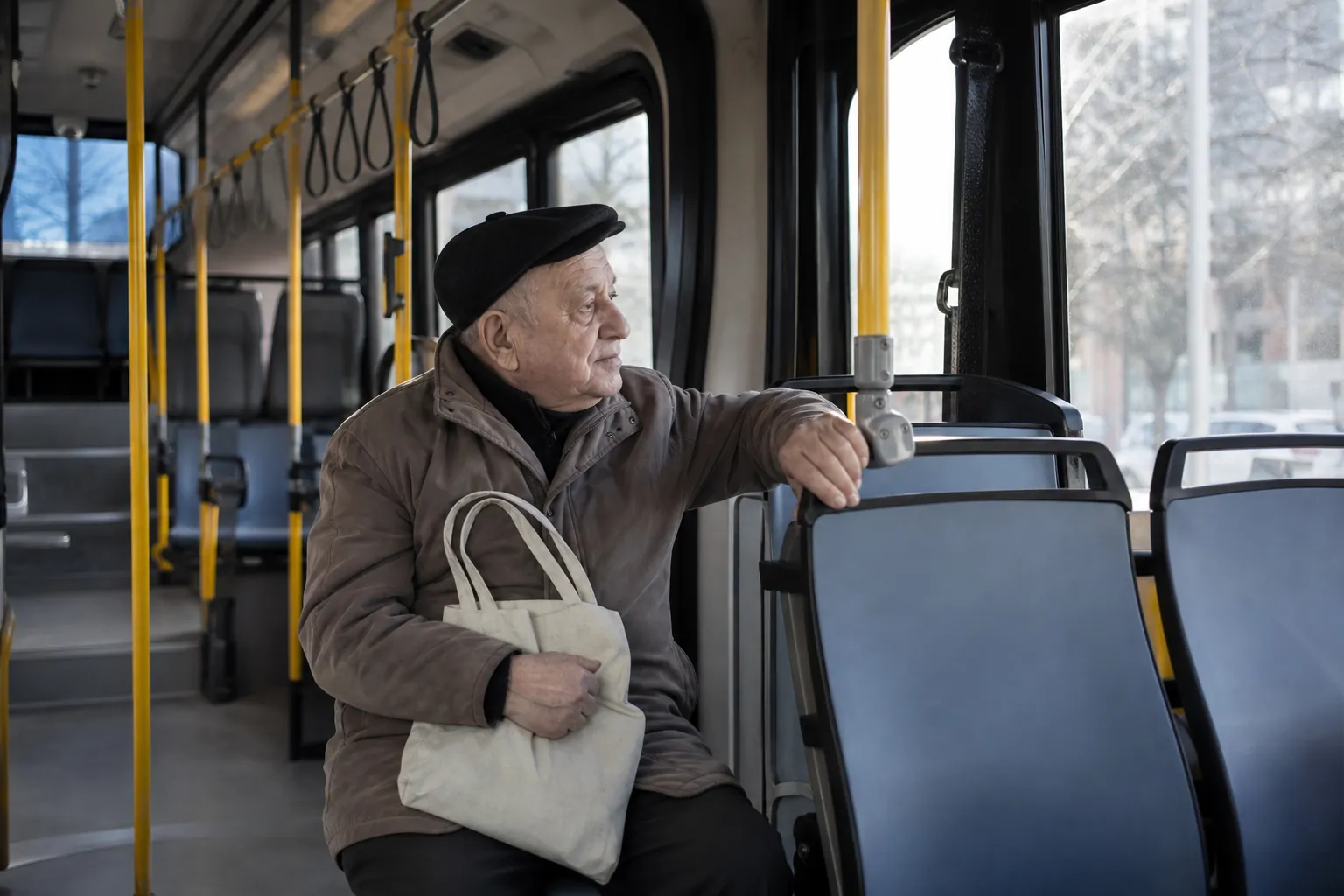 Older man seated in a front priority seat on a city bus with his tote bag on his lap
