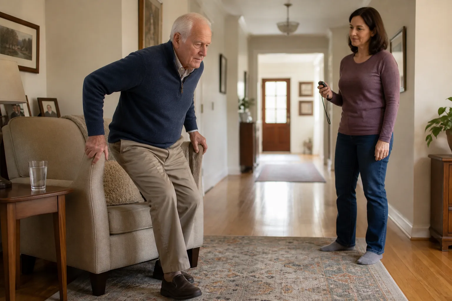 Older man rising from an armchair during a timed up-and-go check while his adult daughter holds a stopwatch