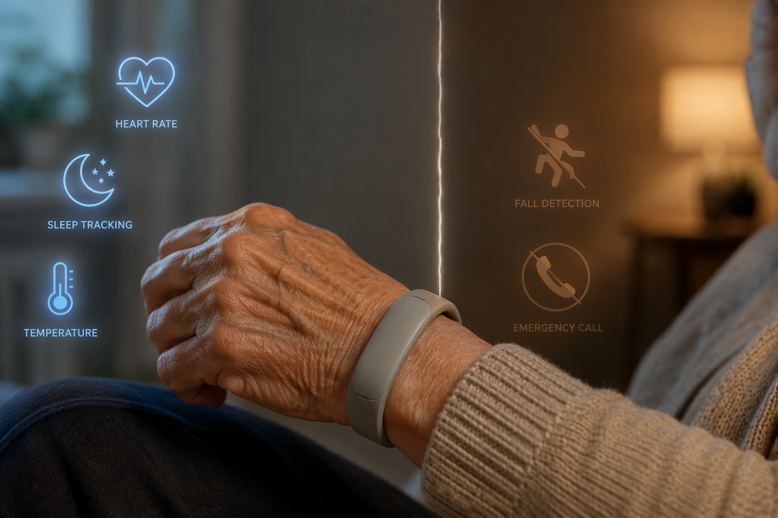 Older adult wearing a slim screenless smart band with wellness tracking icons and missing emergency feature symbols