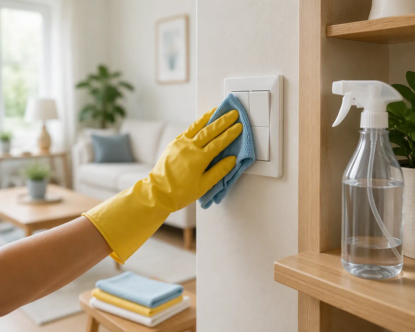 Caregiver wiping a light switch in a bright older adult home
