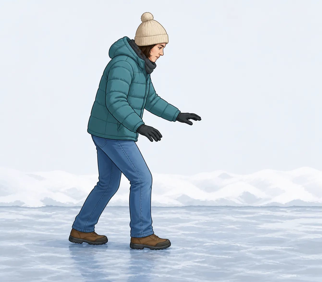 Person demonstrating short flat-footed ice-walking steps with knees bent and hands out of pockets