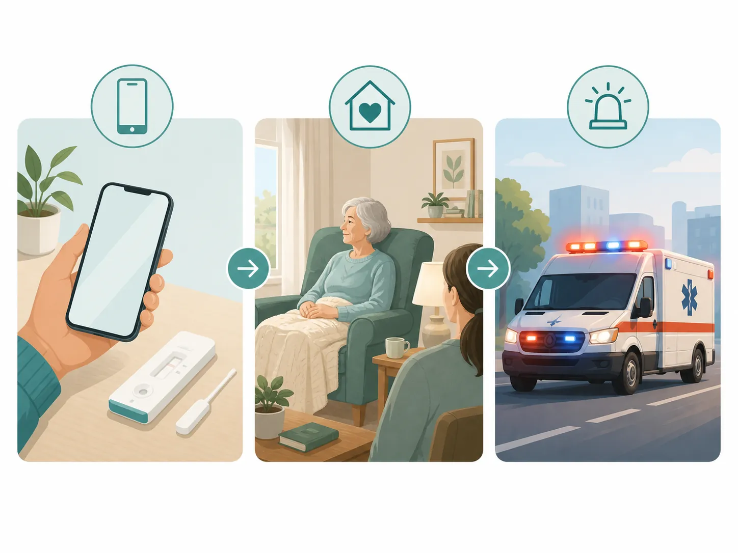 Caregiver action route showing a phone and home test kit, an older adult resting under observation, and an ambulance for emergencies