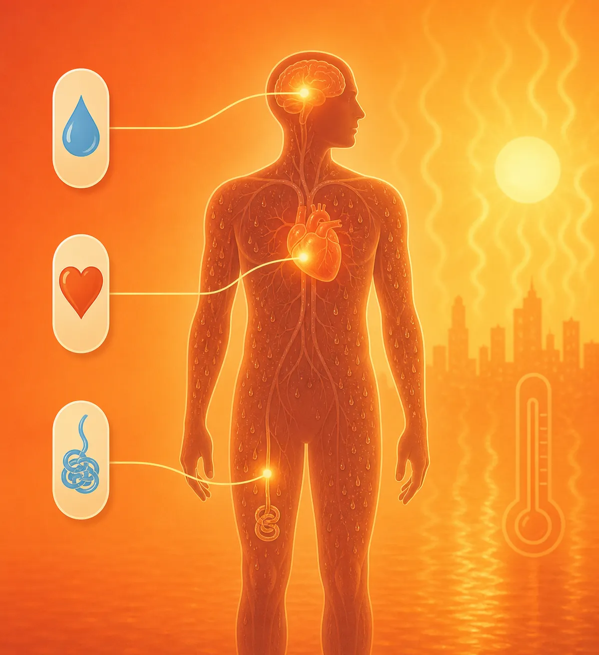 Diagram of an aging cooling system connected to medication effects including volume depletion, reduced cardiovascular response, and reduced sweating