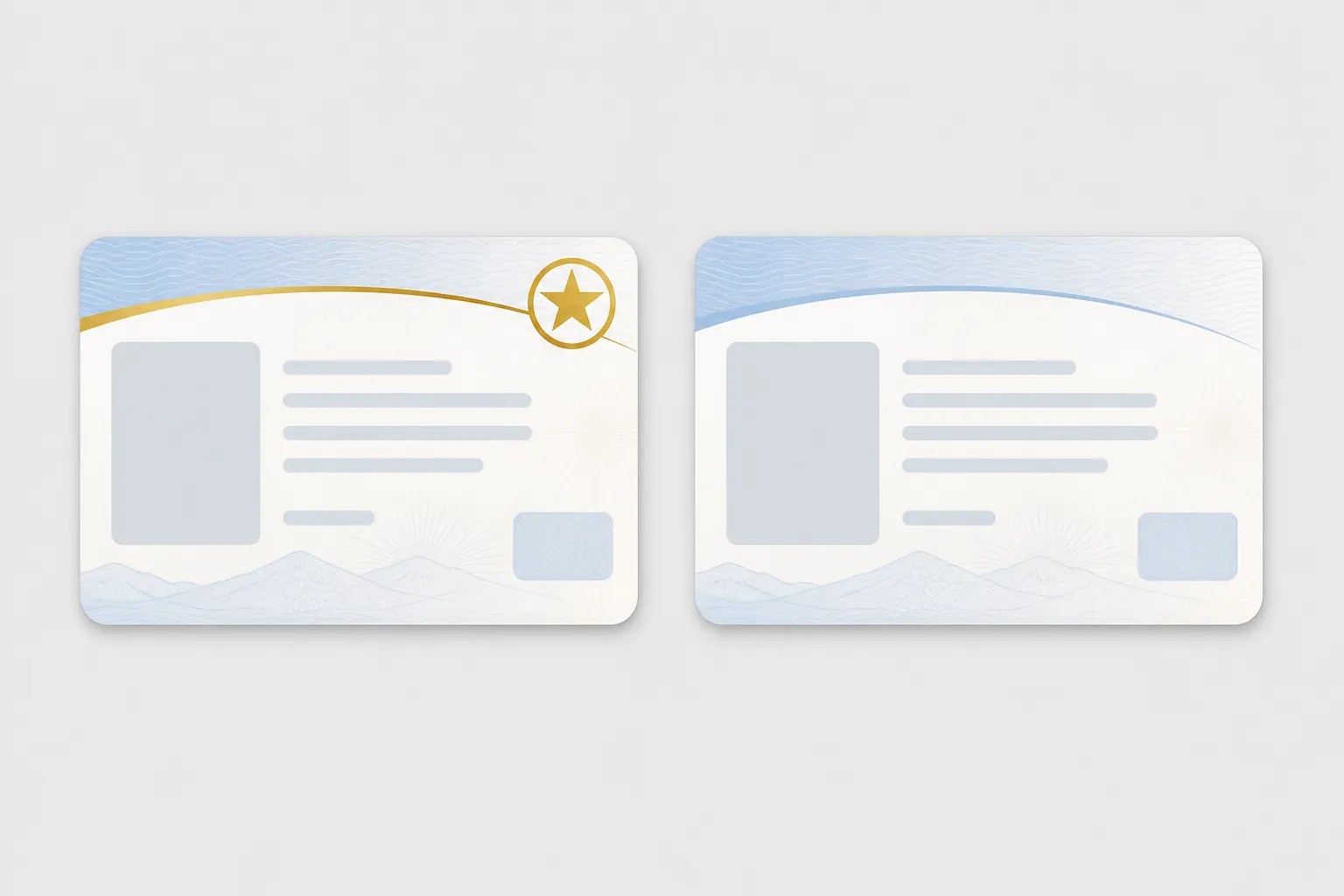 Two driver's-license-style cards, one marked with a gold REAL ID star and one without