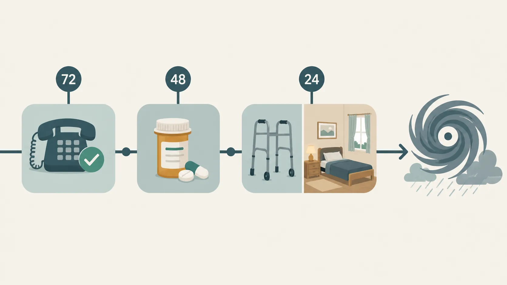 Three-stage storm preparation timeline showing 72, 48, and 24-hour senior safety milestones