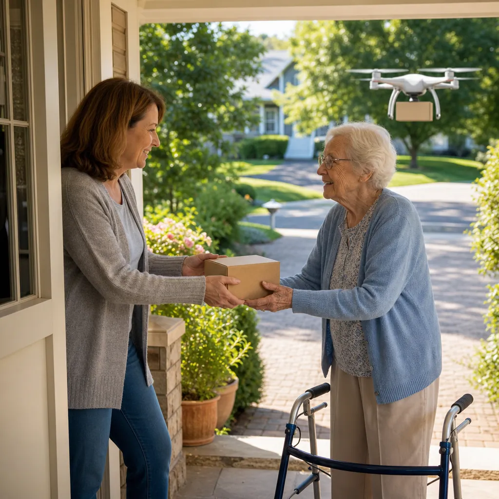 Caregiver handing a small package to her older mother with a walker while a delivery drone hovers in the background