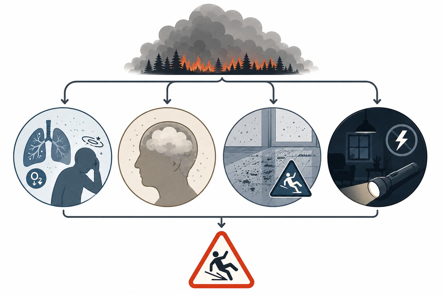 Diagram showing four pathways from wildfire smoke to fall risk.