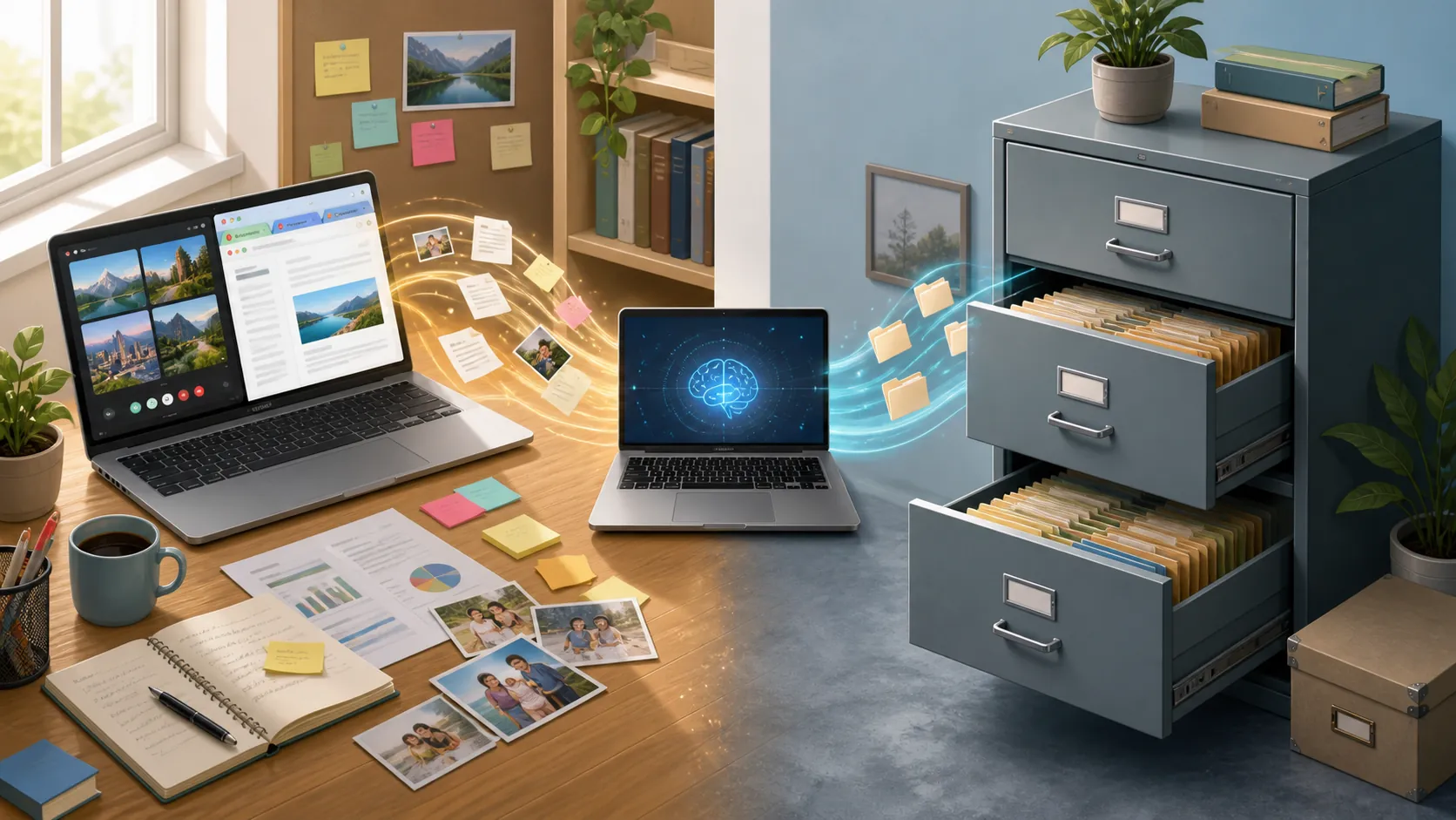 Illustration comparing laptop RAM with an active desk and storage with a filing cabinet