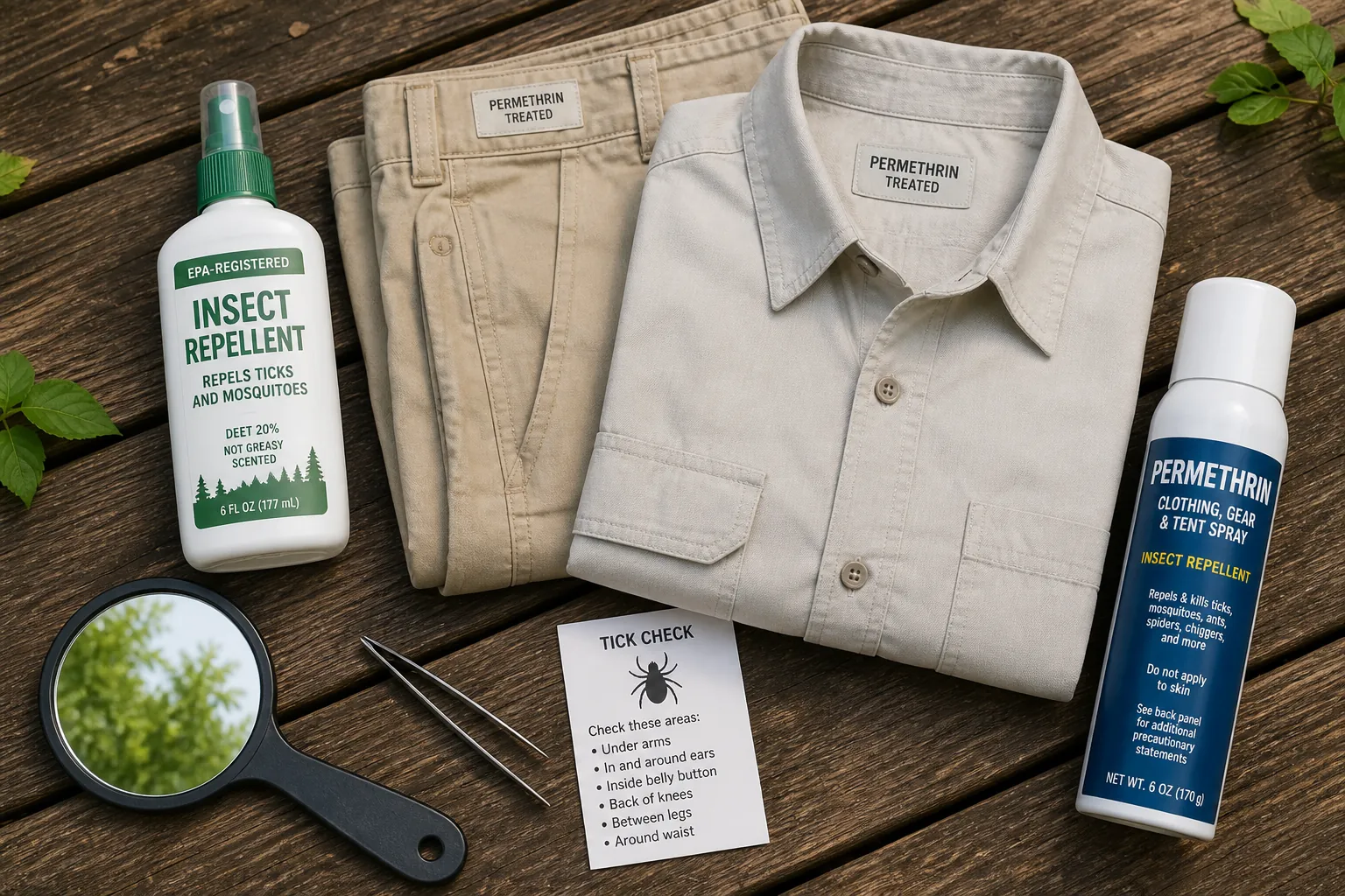 Tick prevention items including repellent, long clothing, tweezers, hand mirror, and permethrin spray arranged on a wooden deck
