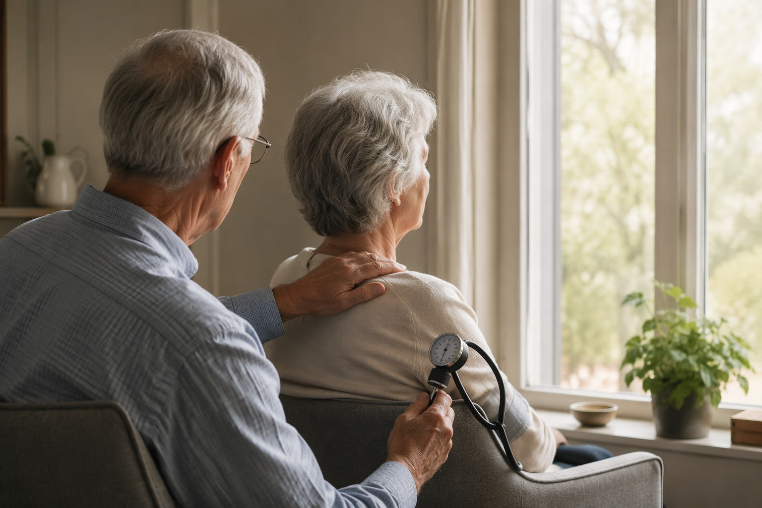 Older adult holding a blood pressure monitor while resting a hand on a spouse's shoulder