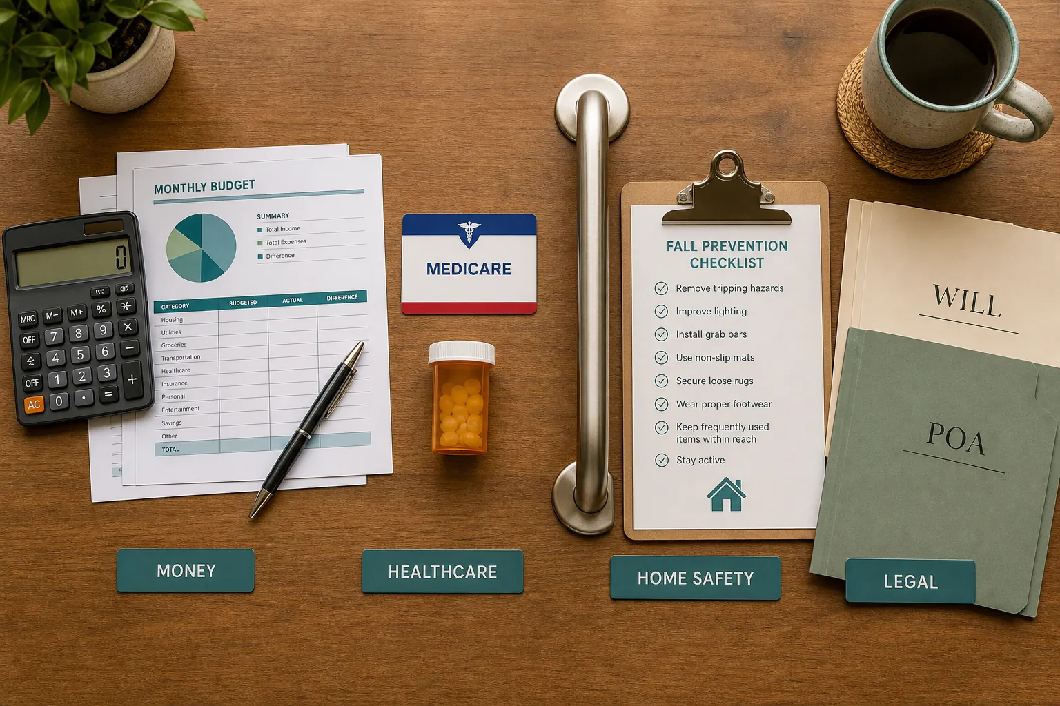 Organized retirement planning items for finances, Medicare, home safety, and legal documents