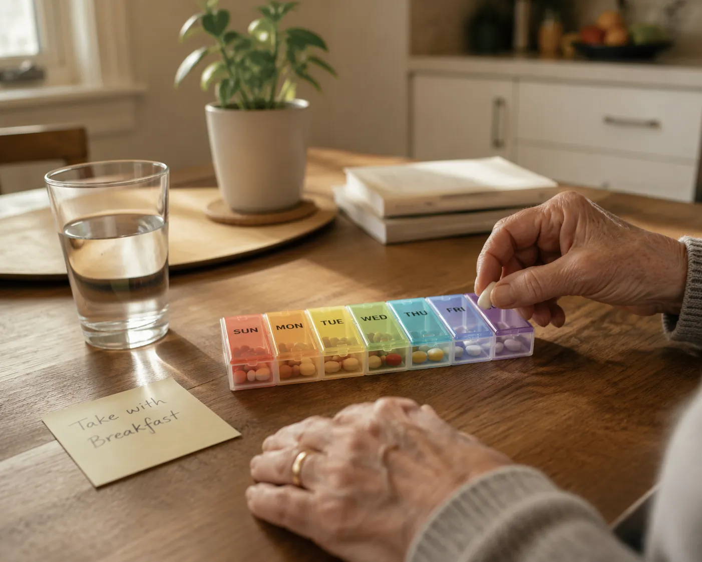 Older adult's hands beside a weekly pill organizer, water glass, and handwritten note on a kitchen table