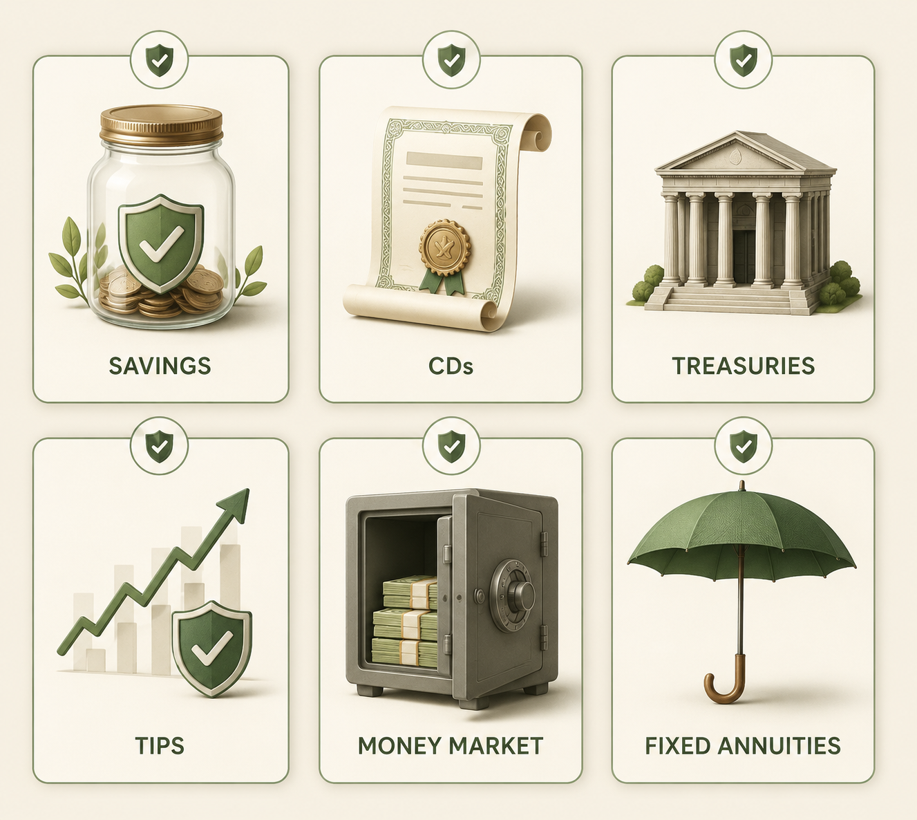 Editorial grid showing six safe investment vehicles with icons for savings, CDs, Treasury securities, TIPS, money market accounts, and annuities