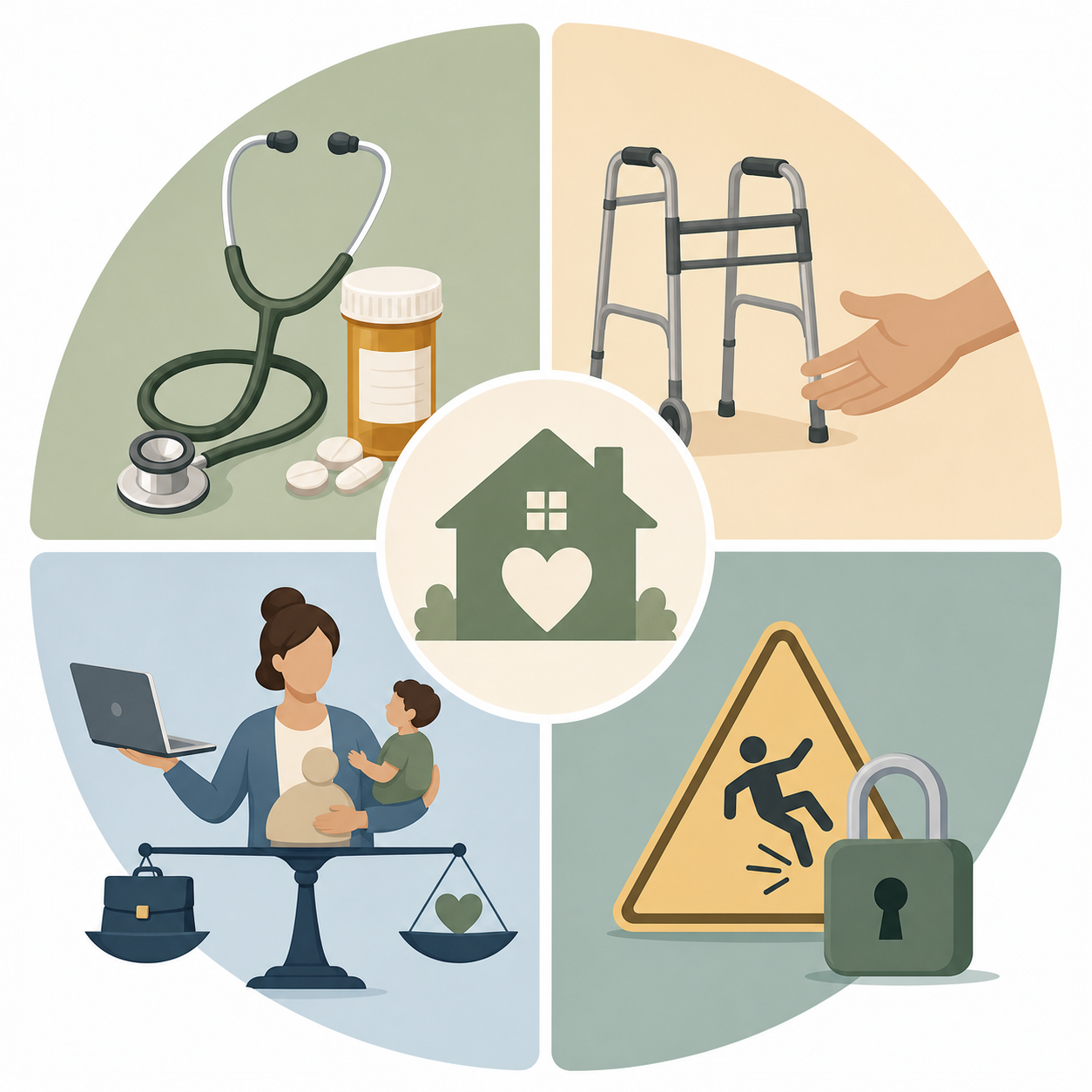 Four-quadrant framework illustration showing Medical Complexity, Functional Decline, Caregiver Capacity, and Safety Risk around a central home icon.