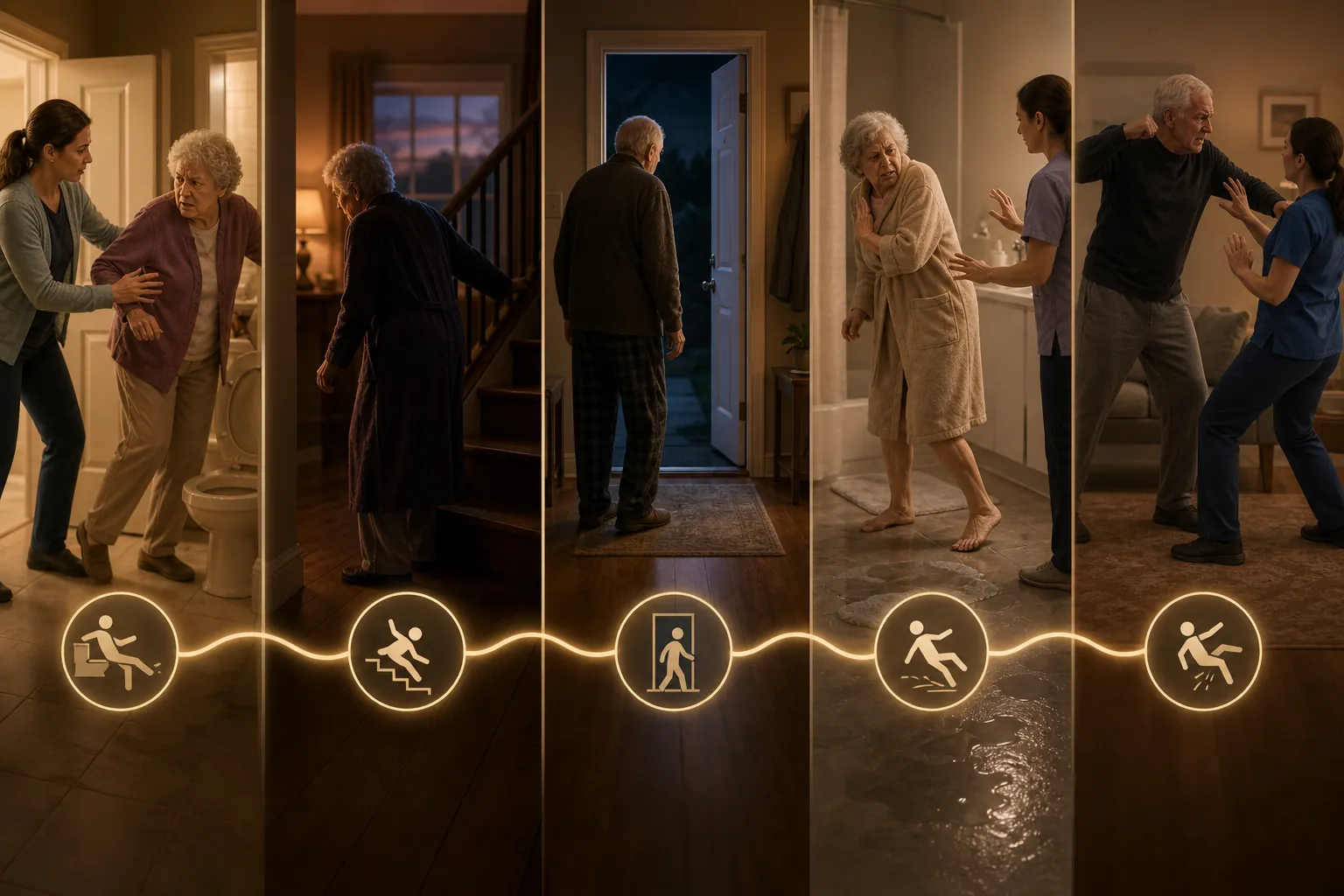 Five dementia caregiving scenarios showing agitation near a bathroom, dusk confusion, an open exterior door, bathing refusal, and a caregiver stepping back from aggression