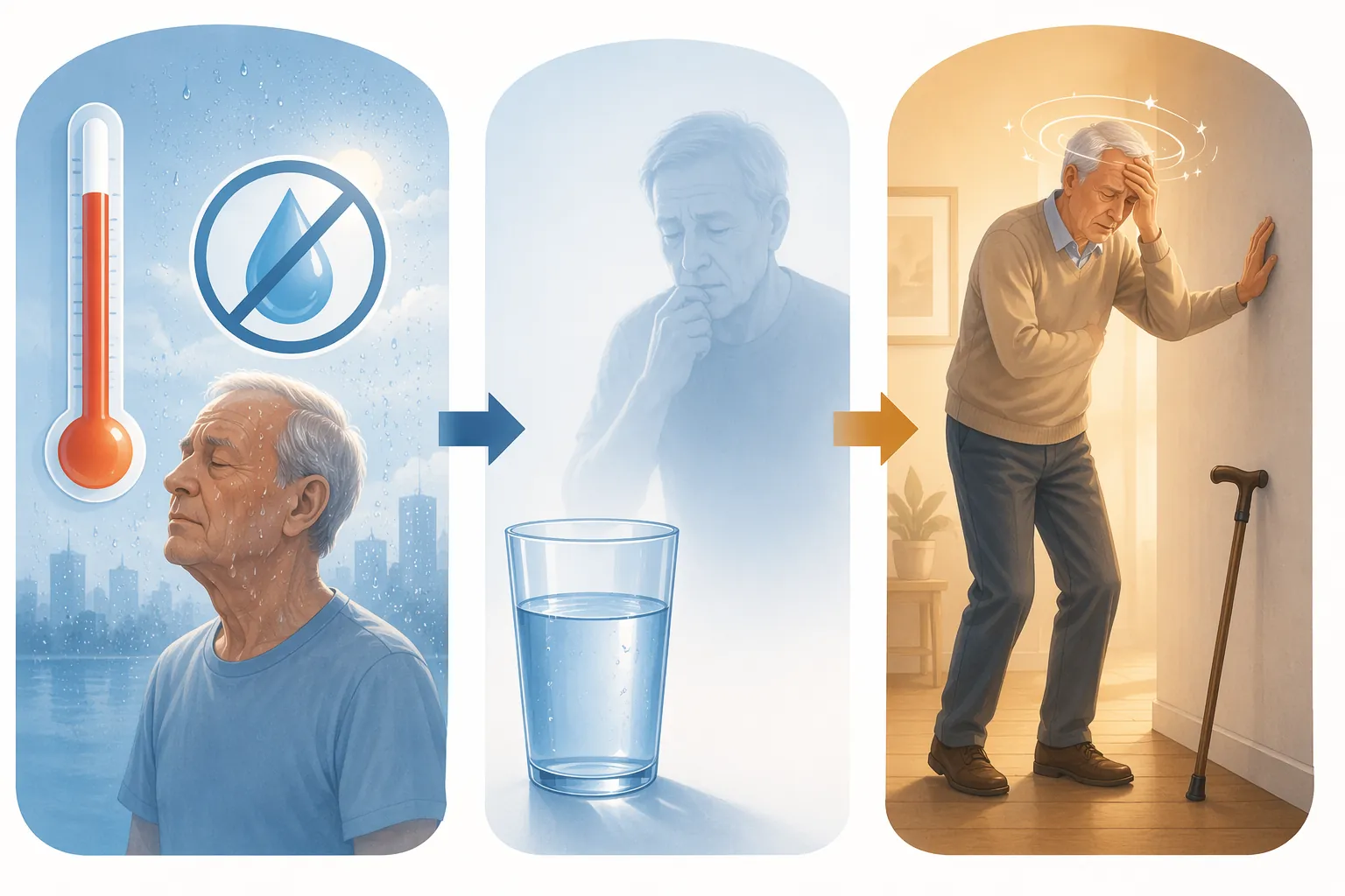Illustration of humidity blocking sweat, reduced thirst cues, and an older adult steadying against a wall
