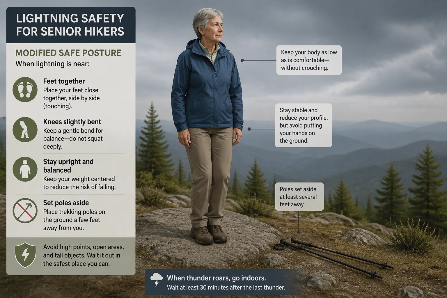 Older hiker demonstrating a modified lightning safety posture with feet close together and trekking poles set aside