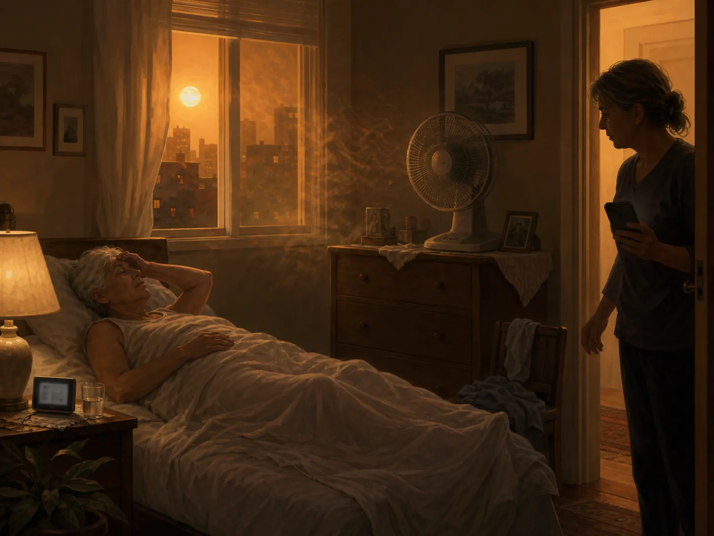 Older adult resting in a warm bedroom at night while a caregiver checks from the doorway