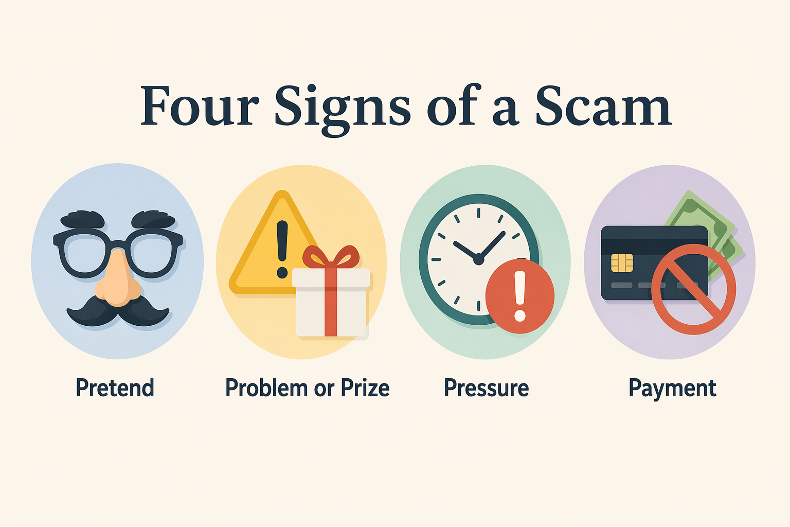 Four scam-warning icons labeled Pretend, Problem or Prize, Pressure, and Payment.