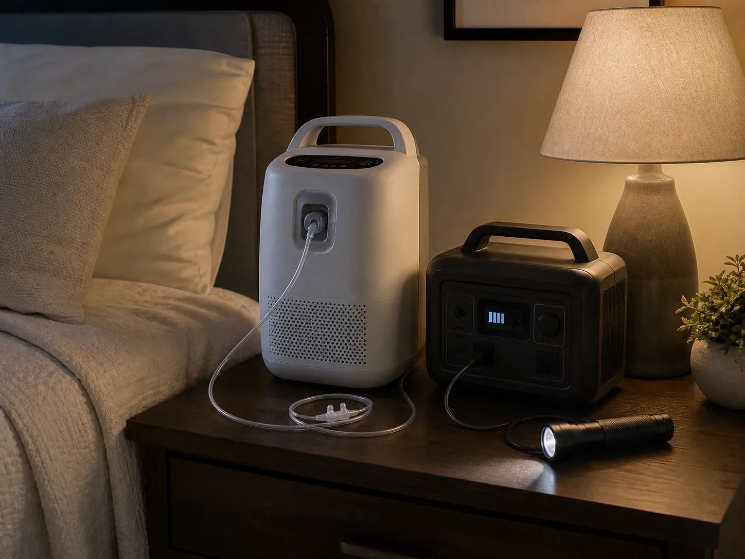 Portable oxygen-concentrator style device connected to backup power beside a flashlight in a dim bedroom
