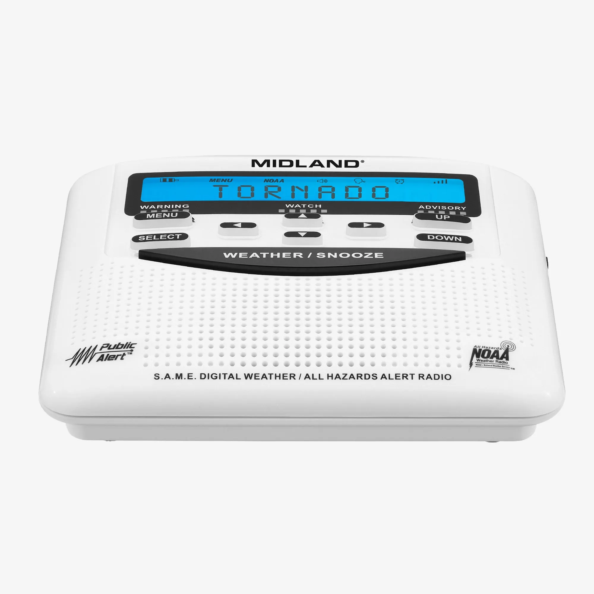 Tabletop NOAA weather alert radio with display and speaker grille
