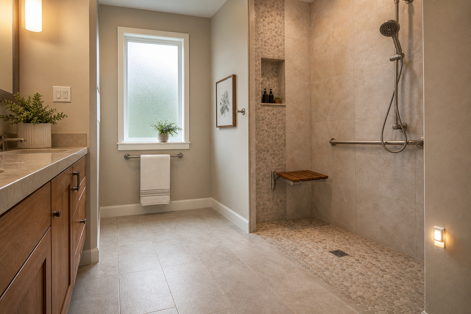 A bright, modern accessible bathroom with a curbless walk-in shower, fold-down teak bench, grab bar, handheld showerhead, non-slip tile flooring, and a motion-activated night light near the baseboard.