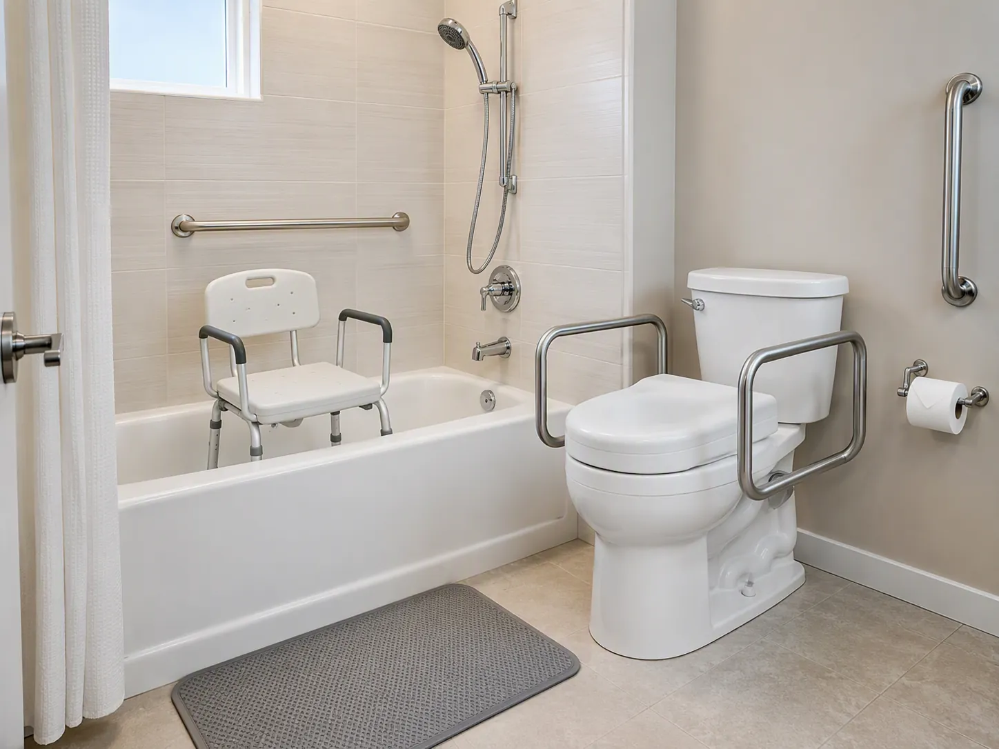 Senior-safe bathroom with grab bars, shower chair, hand-held shower head, elevated toilet seat, and rubber-backed mat