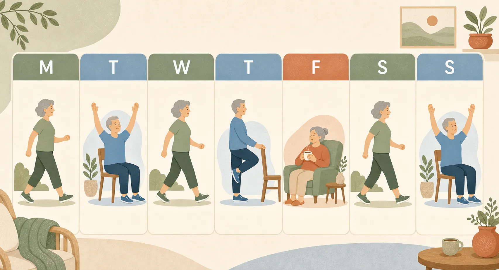 Seven-day weekly plan grid with walking days, chair-based strength days, balance days, and rest days