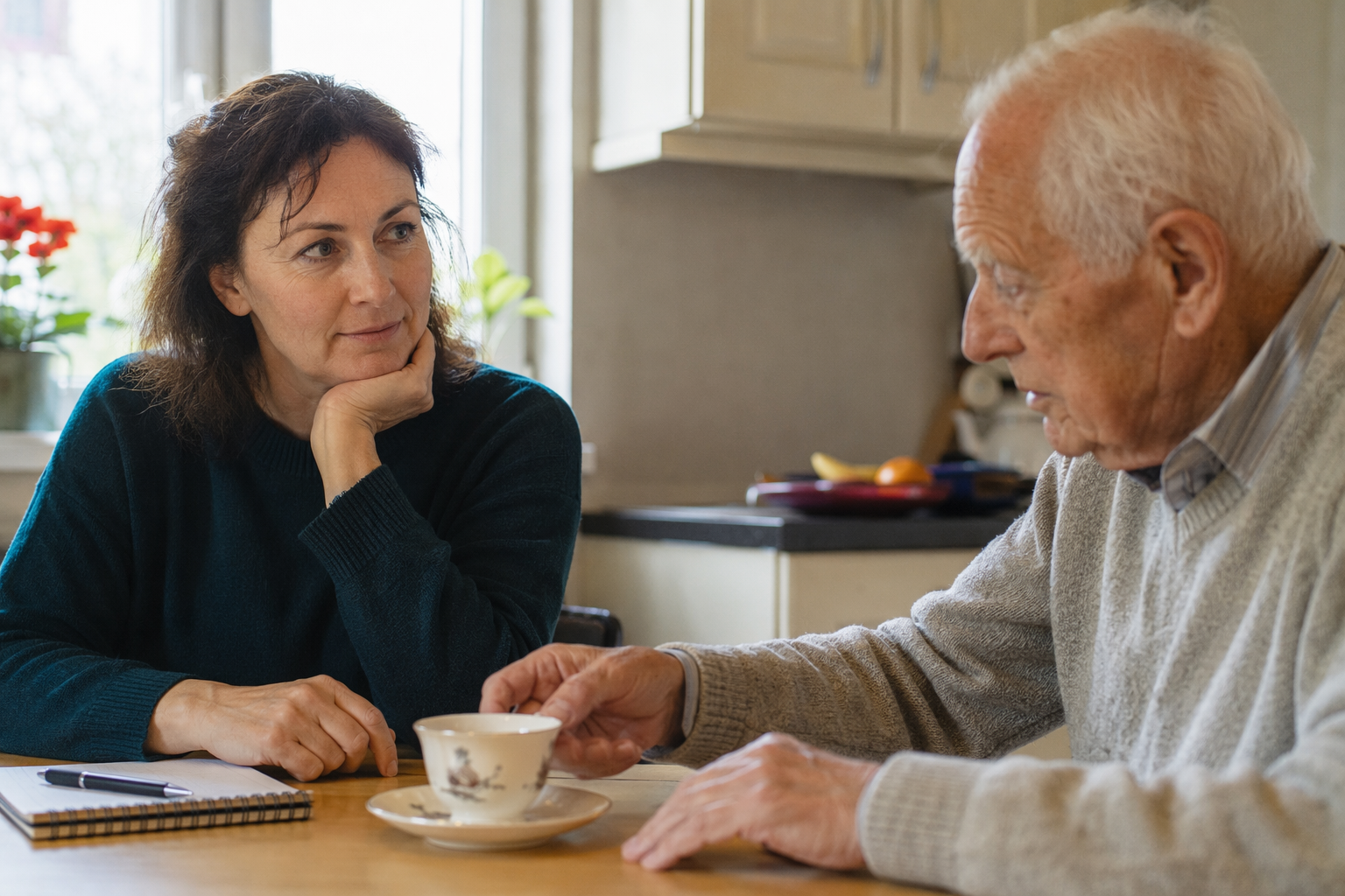 Adult daughter watching her elderly father at a kitchen table with a notebook nearby
