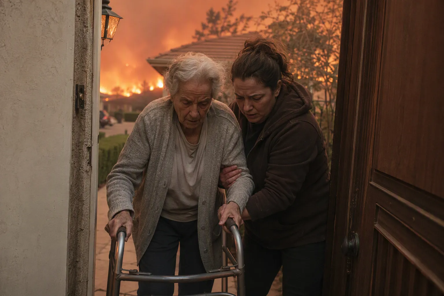 Family caregiver helping an older adult with a walker evacuate through a narrow doorway under a hazy wildfire sky