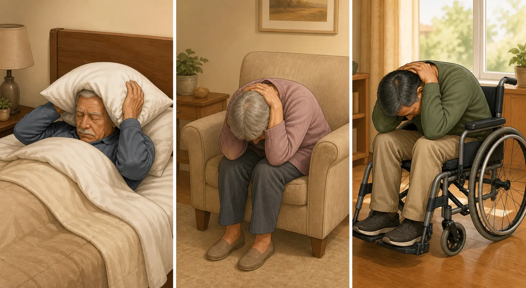Three adapted earthquake positions showing a person in bed with a pillow over the head, a seated person covering the head and neck, and a wheelchair user with locked wheels covering the head