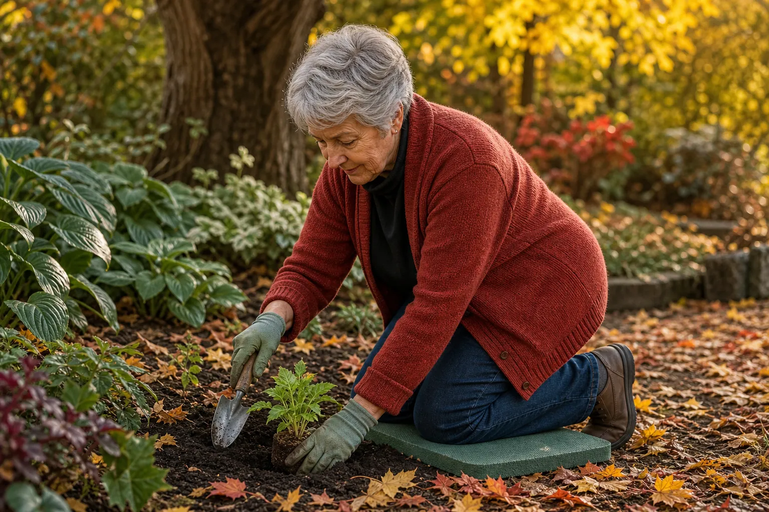 Older woman kneeling on one knee on a foam pad while planting in a shaded autumn garden